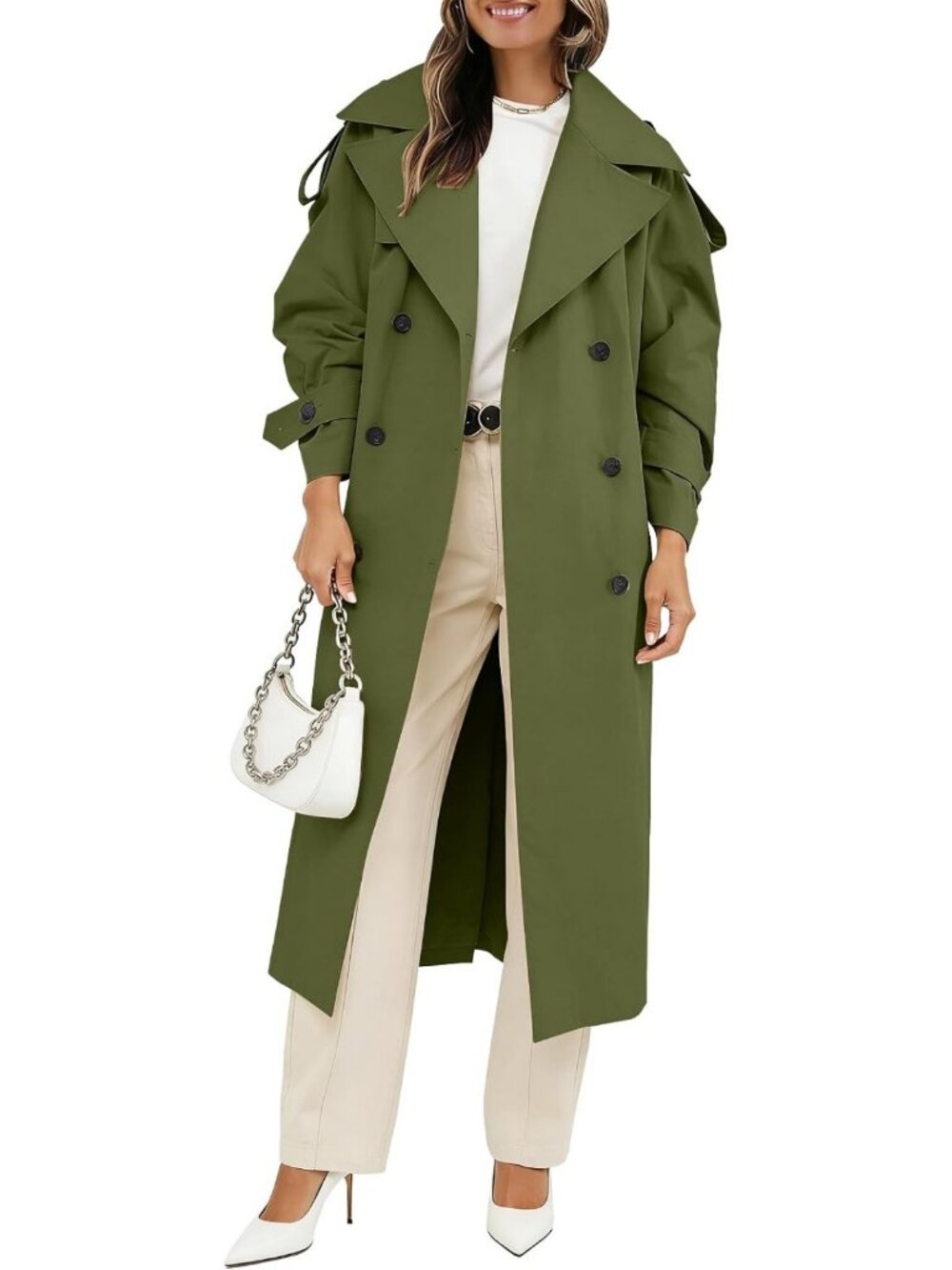 Chic Oversized Double Breasted Long Lapel Trench Coat with Belt for Women